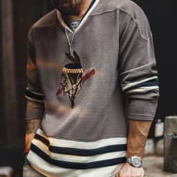 Maden Vintage Men's Waffle Knit Sweatshirt Indian Embroidered V-Neck Pullover Heavyweight Oversized Contrast Hoodie for Fall