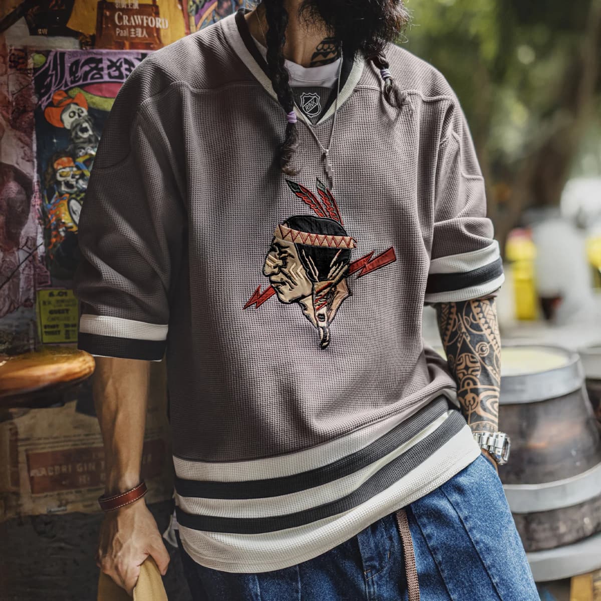 Maden Vintage Men's Waffle Knit Sweatshirt Indian Embroidered V-Neck Pullover Heavyweight Oversized Contrast Hoodie for Fall