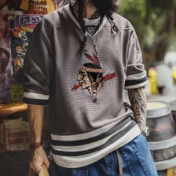 Maden Vintage Men's Waffle Knit Sweatshirt Indian Embroidered V-Neck Pullover Heavyweight Oversized Contrast Hoodie for Fall