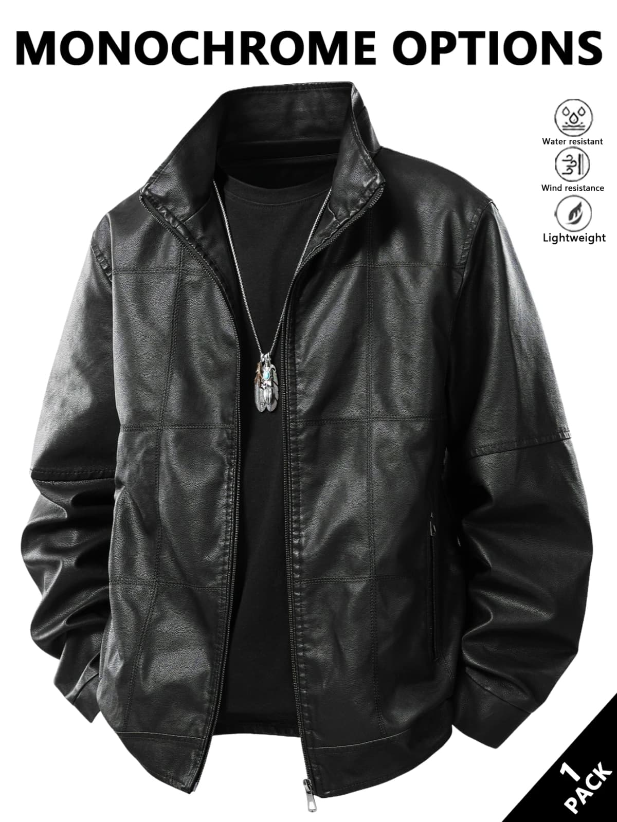 Men's Stand-Up Collar Leather Jacket, Simple and Versatile, Leather Material Gives a High-End Feel, Suitable for Office Commuting, Casual Gatherings with Friends, Autumn and Winter Styling, Street Wear, Leisure and Relaxation, Lightweight Outdoor Wear