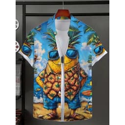 Men's Summer Casual Short Sleeve Collared Shirt, 3D Printed Hawaiian Pineapple Graphic,