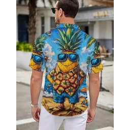Men's Summer Casual Short Sleeve Collared Shirt, 3D Printed Hawaiian Pineapple Graphic,