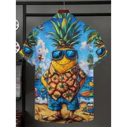 Men's Summer Casual Short Sleeve Collared Shirt, 3D Printed Hawaiian Pineapple Graphic,