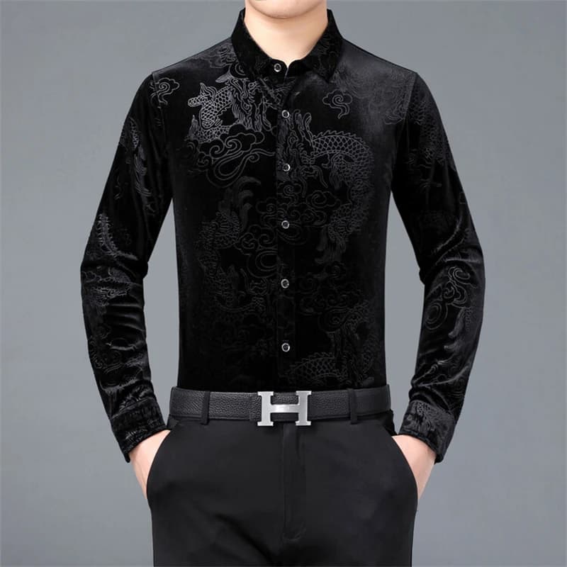 Creative Golden Yellow Dragon Shirts For Men Long Sleeved Casual Autumn High Quality Smooth Comfortable Velour Camisas De Hombre