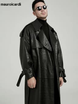 Mauroicardi Spring Autumn Long Black Crocodile Print Pu Leather Trench Coat Men Belt Double Breaste Runway European Fashion 2023