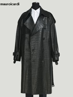 Mauroicardi Spring Autumn Long Black Crocodile Print Pu Leather Trench Coat Men Belt Double Breaste Runway European Fashion 2023