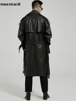 Mauroicardi Spring Autumn Long Black Crocodile Print Pu Leather Trench Coat Men Belt Double Breaste Runway European Fashion 2023