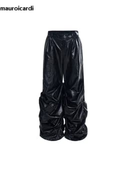 Mauroicardi Spring Autumn Cool Long Baggy Black Soft Pu Leather Wide Leg Stacked Pants Men Mens Designer Clothes Streetwear 2025