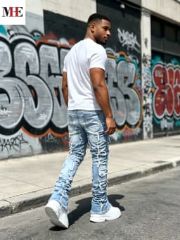 HME Men's High Street Denim Pants, Light Blue Stacked Frayed Flared Jeans for Trendy Looks