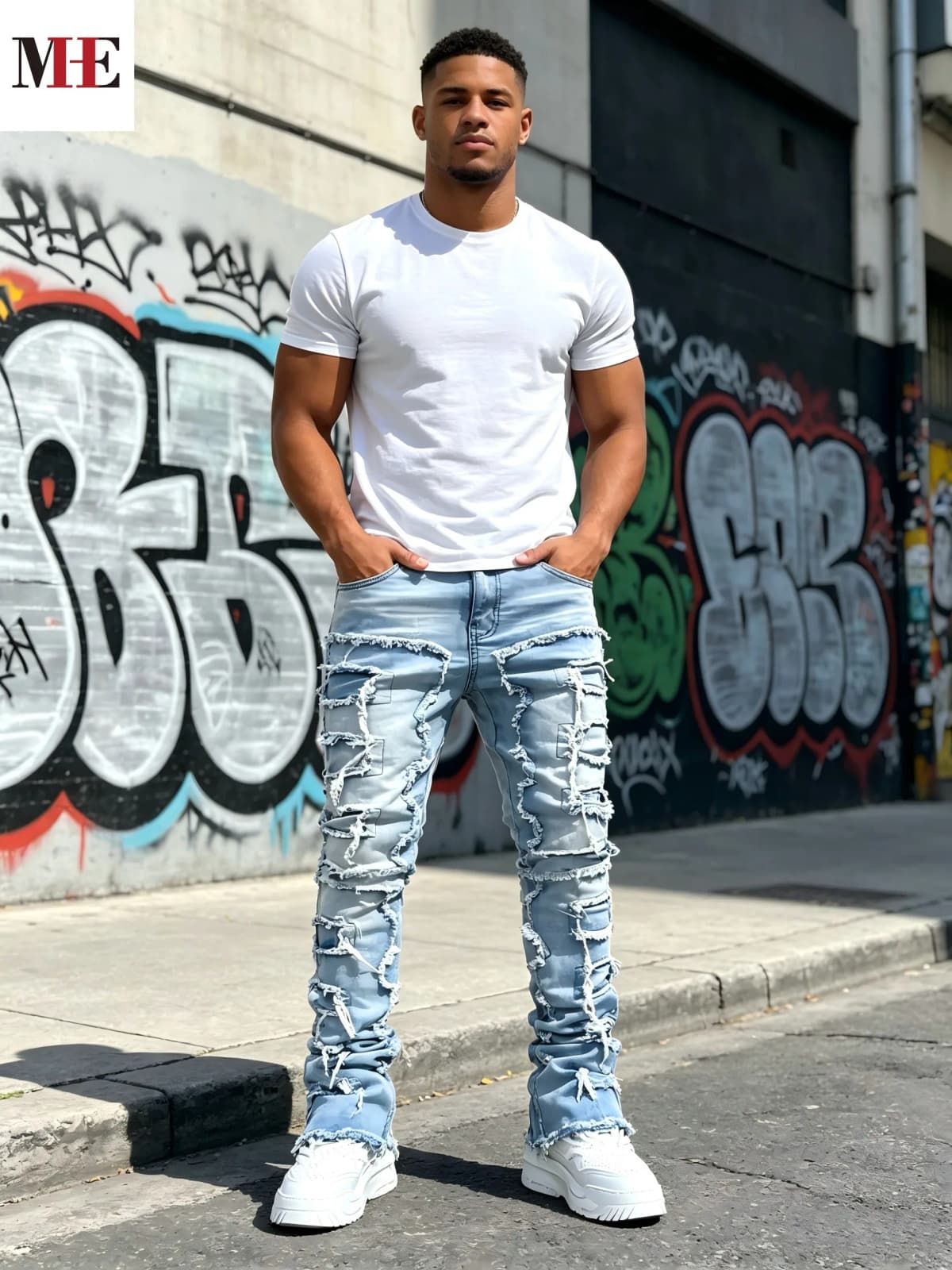 HME Men's High Street Denim Pants, Light Blue Stacked Frayed Flared Jeans for Trendy Looks
