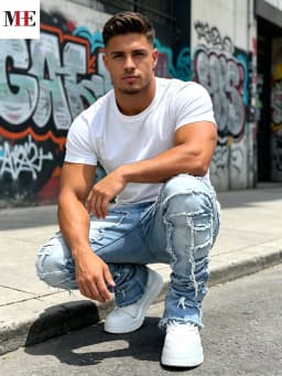 HME Men's High Street Denim Pants, Light Blue Stacked Frayed Flared Jeans for Trendy Looks