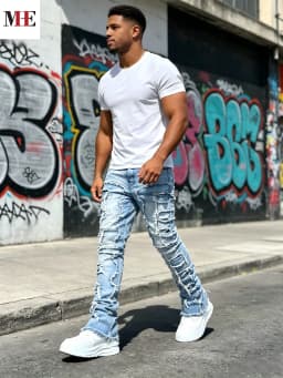 HME Men's High Street Denim Pants, Light Blue Stacked Frayed Flared Jeans for Trendy Looks