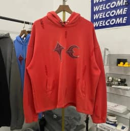 Hip Hop Thug Club Hole Damaged Hoodie Embroidery Red Leather Moon Star Ptach Pattern Sweatshirts Men Women Wash Pullovers Hoody