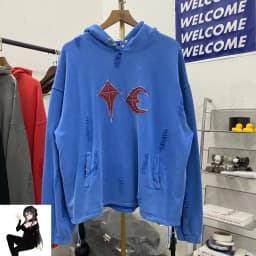 Hip Hop Thug Club Hole Damaged Hoodie Embroidery Red Leather Moon Star Ptach Pattern Sweatshirts Men Women Wash Pullovers Hoody