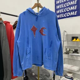 Hip Hop Thug Club Hole Damaged Hoodie Embroidery Red Leather Moon Star Ptach Pattern Sweatshirts Men Women Wash Pullovers Hoody