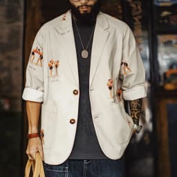 Maden Men's Vintage Print Blazer Pure Cotton Long Sleeve Notched Collar Casual Dress Shirt  Loose Fit Single-Breasted Jacket