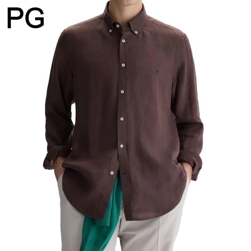 PG Men Linen Button Down Collar Shirt Long Sleeve Solid Color Mini Embroidery Logo Breathable Casual Business Daily Wear