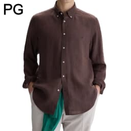 PG Men Linen Button Down Collar Shirt Long Sleeve Solid Color Mini Embroidery Logo Breathable Casual Business Daily Wear
