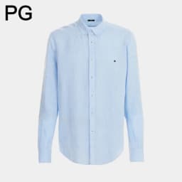 PG Men Linen Button Down Collar Shirt Long Sleeve Solid Color Mini Embroidery Logo Breathable Casual Business Daily Wear