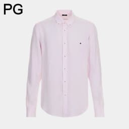 PG Men Linen Button Down Collar Shirt Long Sleeve Solid Color Mini Embroidery Logo Breathable Casual Business Daily Wear