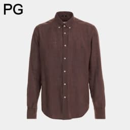 PG Men Linen Button Down Collar Shirt Long Sleeve Solid Color Mini Embroidery Logo Breathable Casual Business Daily Wear