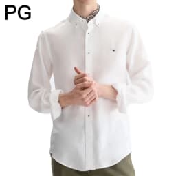 PG Men Linen Button Down Collar Shirt Long Sleeve Solid Color Mini Embroidery Logo Breathable Casual Business Daily Wear