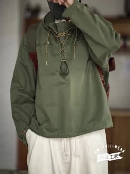 Maden Retro Green Deck Jacket Hooded Sweatshirt wtih Drawstring Collar Cuffs Adjustable Design Windbreaker Pullover for Men