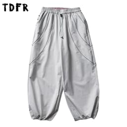 Embroidery Spliced Jogger Pants Mens Safari Style Elastic Waist Baggy Wide Leg Quick Dry Trousers Man