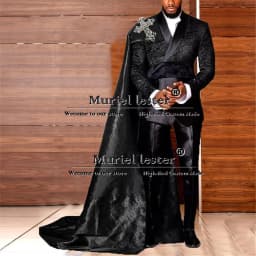 Jacquard Suits Men For Wedding Double Breasted Jacket With Cape Formal Business Man Jacket Pants 2 Piece Groom Tuxedo Customized