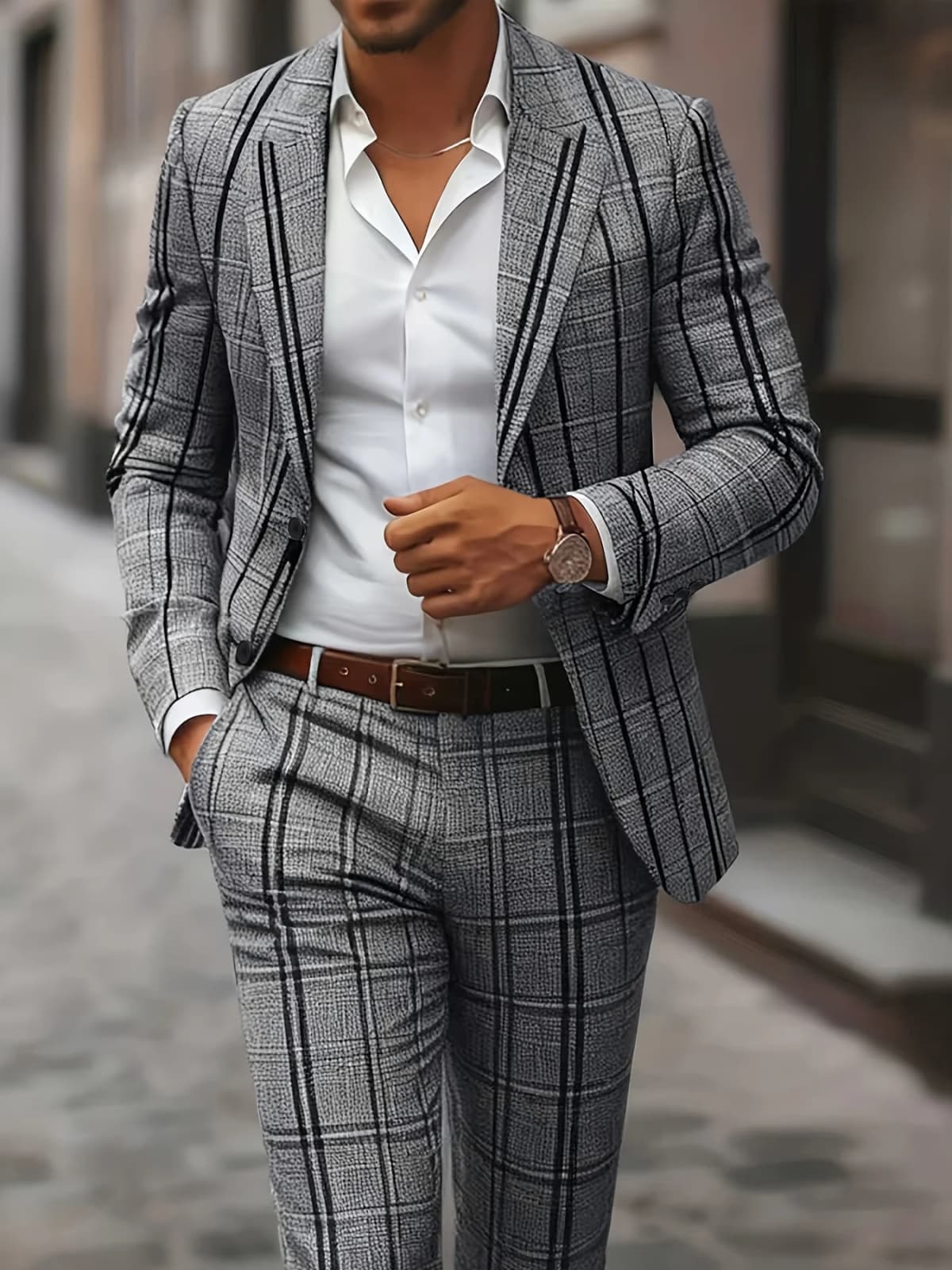 European American Style Men's Business Fashion High Quality Grey Two-Piece Suit Plaid Print Casual Style