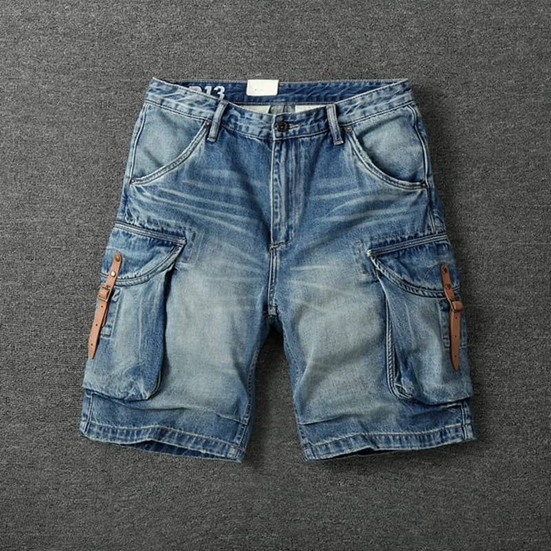 Summer New American Retro Heavyweight Denim Cargo Shorts Men's Fashion 100% Cotton Washed Make Old Straight Casual 5-point Pants