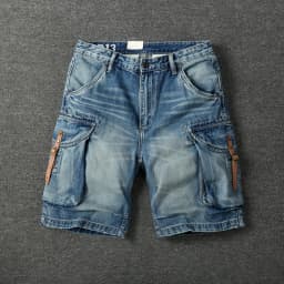 Summer New American Retro Heavyweight Denim Cargo Shorts Men's Fashion 100% Cotton Washed Make Old Straight Casual 5-point Pants