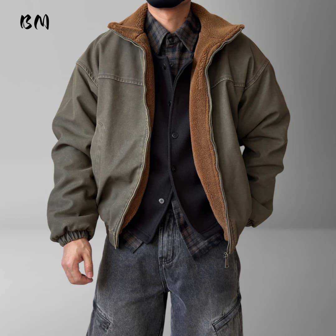 Mens Winter Heavy Duty Washed Distressed Fleece Jacket Thick Warm Windproof Stand Collar Streetwear High Quality Outdoor Coat