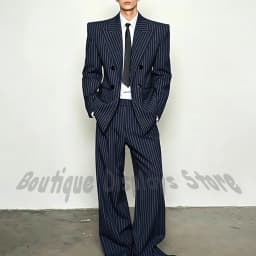 Fashion Striped Men's Suits Loose Casual High Street Style Double Breasted Chic Peak Lapel Blazer Pants Prom Suit Two Pieces
