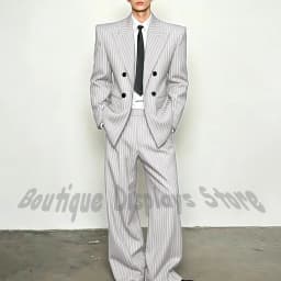 Fashion Striped Men's Suits Loose Casual High Street Style Double Breasted Chic Peak Lapel Blazer Pants Prom Suit Two Pieces