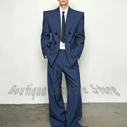 Fashion Striped Men's Suits Loose Casual High Street Style Double Breasted Chic Peak Lapel Blazer Pants Prom Suit Two Pieces
