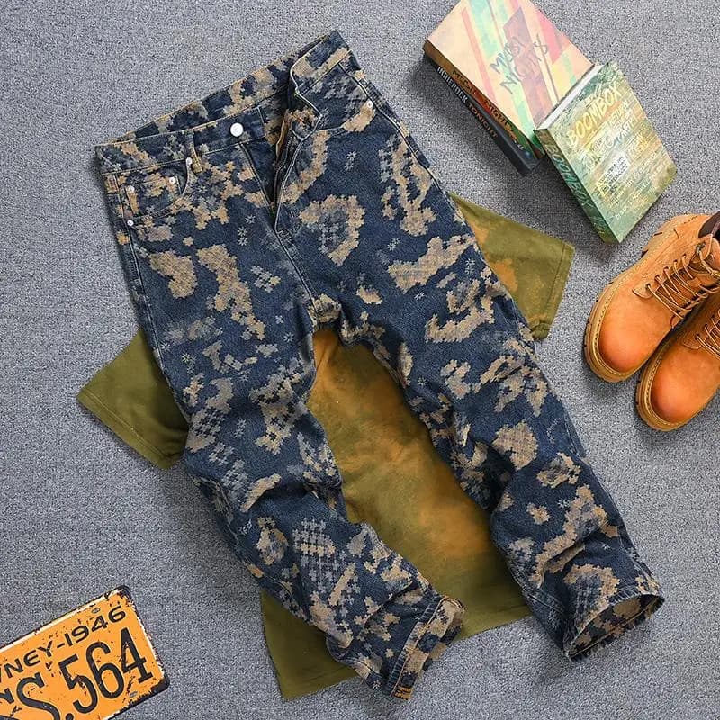 Mosaic Jacquard Embroidery Retro Jeans Men's Fashion High end Loose Straight Tube Trendy Printed Wide Leg Long Pants