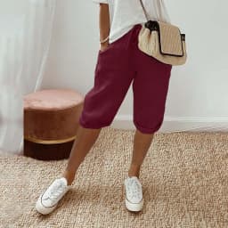 Women Contrast Stripes Shorts Knee-Length Pants For Women With Pockets Elastic Waist Drawstring Breathable Loose-Fitting Bottoms
