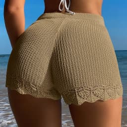 Fashion Style Knitting Hollow Out Beachwear Cover Up Shorts Women's Solid Color Texture Beach Vacation Sunscreen Shorts