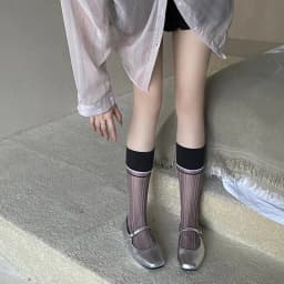 Women Ladies Summer Thin Breathable Glass Silk Thin Transparent Striped Socks Middle Tube Design and Creative Color Blocking Sox