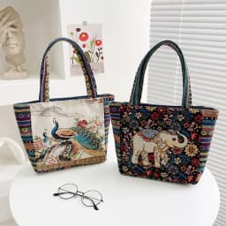 1Pcs Animal Ethnic Style Handbag Trendy Embroidery Elephant Peacock Handbag Rabbit Canvas Tote Bag Storage Bag