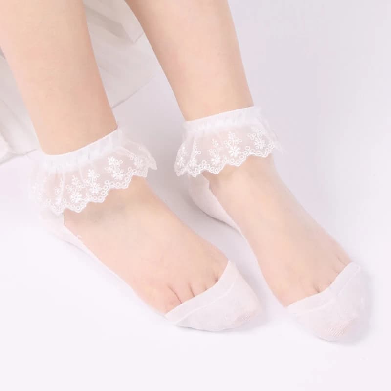 Women Lolita Transparent Mesh Crew Socks Sweet Ruffled Lace Trim Bowknot Cute Love Heart Pattern Anime Princess Hosiery