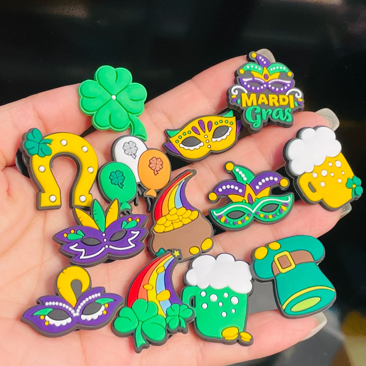 1-13Pcs Mardi Gras Four-leafed Clover PVC Kids Shoes Charms Buckle Clog Beer Slipper Decoration DIY Backpack