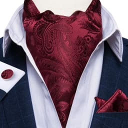 Men's Ascot Tie Silver Plaid Red Paisley Pink Golden Color Solid Neck Tie Set with Handkerchief Cufflinks Wedding Party Gift