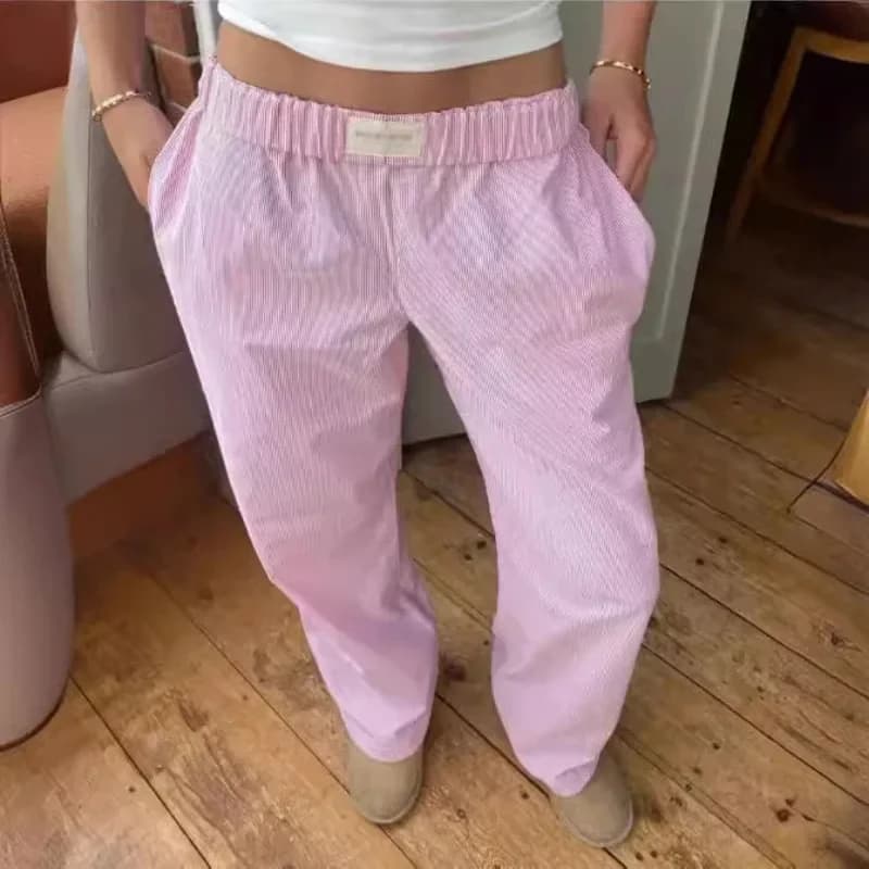 Y2K Striped Print Long Pant Women Elastic Waist Wide Leg Pants Fashion Casual Cotton Straight Trousers