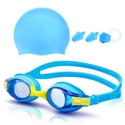 Kids Swim Goggles and Silicone Swim Cap Set with Nose Clip Earplugs, Waterproof No Leaking Anti Fog UV Protection for Boys Girls
