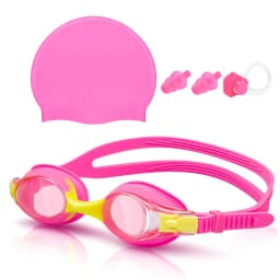 Kids Swim Goggles and Silicone Swim Cap Set with Nose Clip Earplugs, Waterproof No Leaking Anti Fog UV Protection for Boys Girls