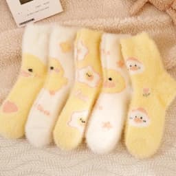 Small Yellow Duck Socks Women's Middle Tube Autumn Winter Cute Kawaii Fluffy Mink Velvet Home Floor Coral Velvet Sleeping Socks