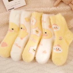 Small Yellow Duck Socks Women's Middle Tube Autumn Winter Cute Kawaii Fluffy Mink Velvet Home Floor Coral Velvet Sleeping Socks