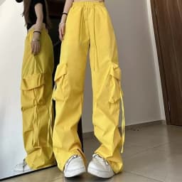 Women Korean High Waisted Slacks Lady Japanese 2000s Style Y2k Lace Up Cargo Trousers Female Yellow Pink Blue Black Joggers